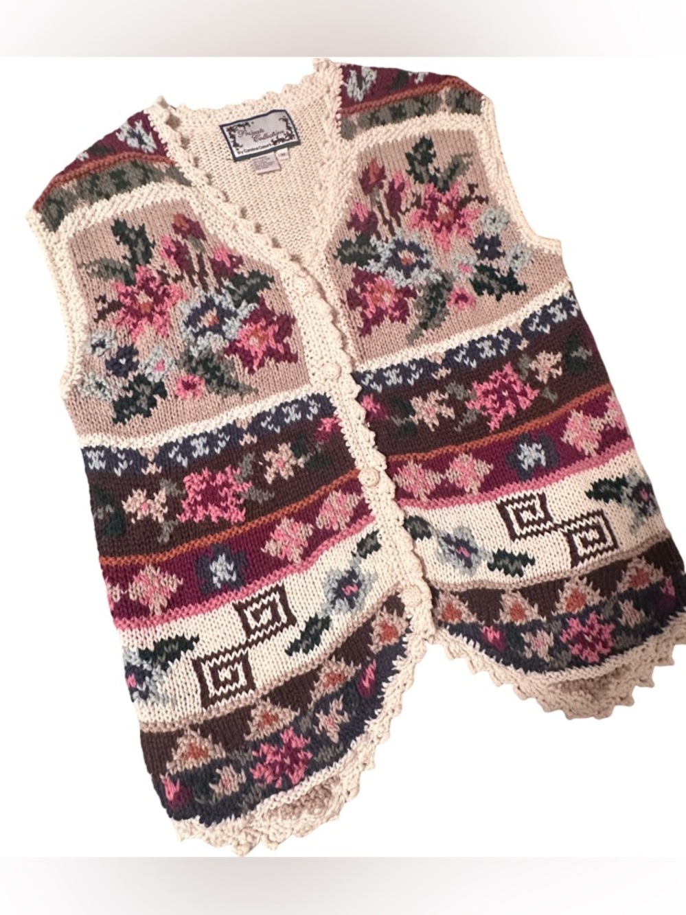 Vintage 1990's Cottage Core Cream Colorful Floral Knitted Sweater Vest